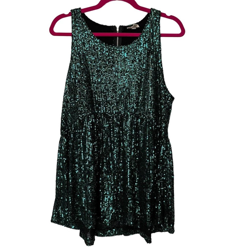 POL Blouse Womens Large Green Sparkle Sleeveless Baby Doll Sequin Shirt